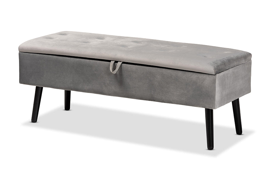 Baxton Studio Caine Modern and Contemporary Grey Velvet Fabric Upholstered and Dark Brown Finished Wood Storage Bench