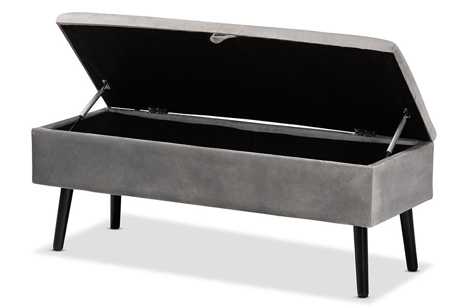 Baxton Studio Caine Modern and Contemporary Grey Velvet Fabric Upholstered and Dark Brown Finished Wood Storage Bench
