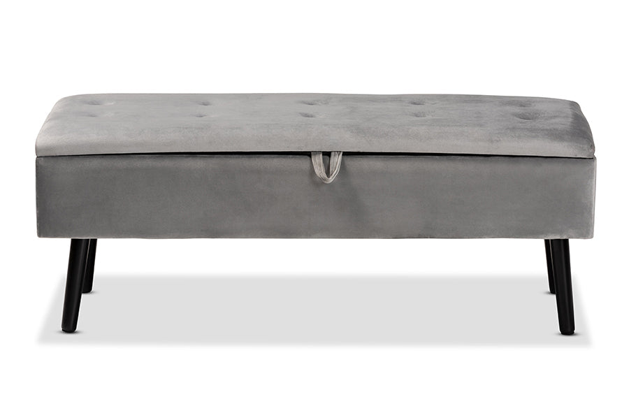 Baxton Studio Caine Modern and Contemporary Grey Velvet Fabric Upholstered and Dark Brown Finished Wood Storage Bench