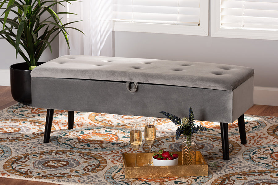 Baxton Studio Caine Modern and Contemporary Grey Velvet Fabric Upholstered and Dark Brown Finished Wood Storage Bench
