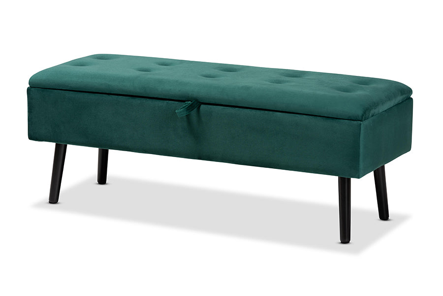 Baxton Studio Caine Modern and Contemporary Green Velvet Fabric Upholstered and Dark Brown Finished Wood Storage Bench