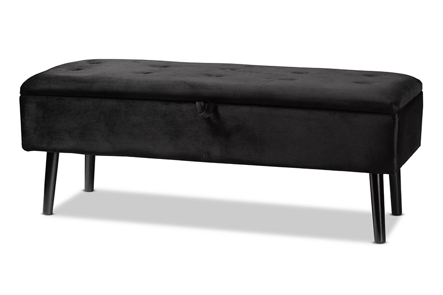 Baxton Studio Caine Modern and Contemporary Black Velvet Fabric Upholstered and Dark Brown Finished Wood Storage Bench