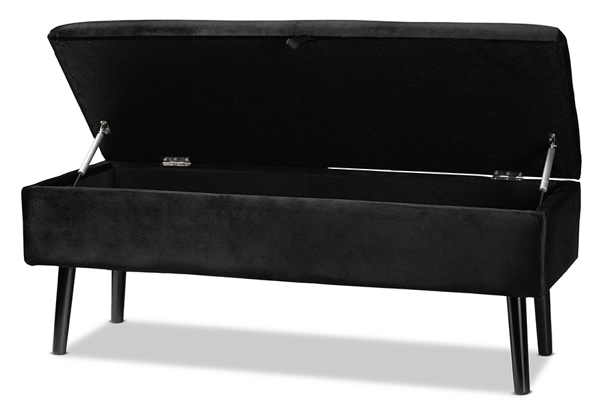Baxton Studio Caine Modern and Contemporary Black Velvet Fabric Upholstered and Dark Brown Finished Wood Storage Bench