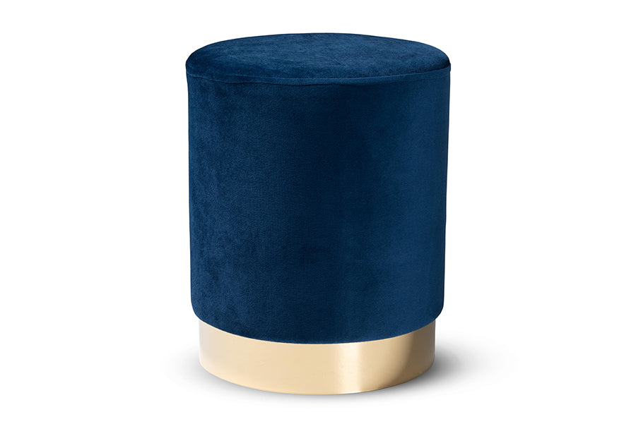 Baxton Studio Chaela Contemporary Glam and Luxe Navy Blue Velvet Fabric Upholstered and Gold Finished Metal Ottoman