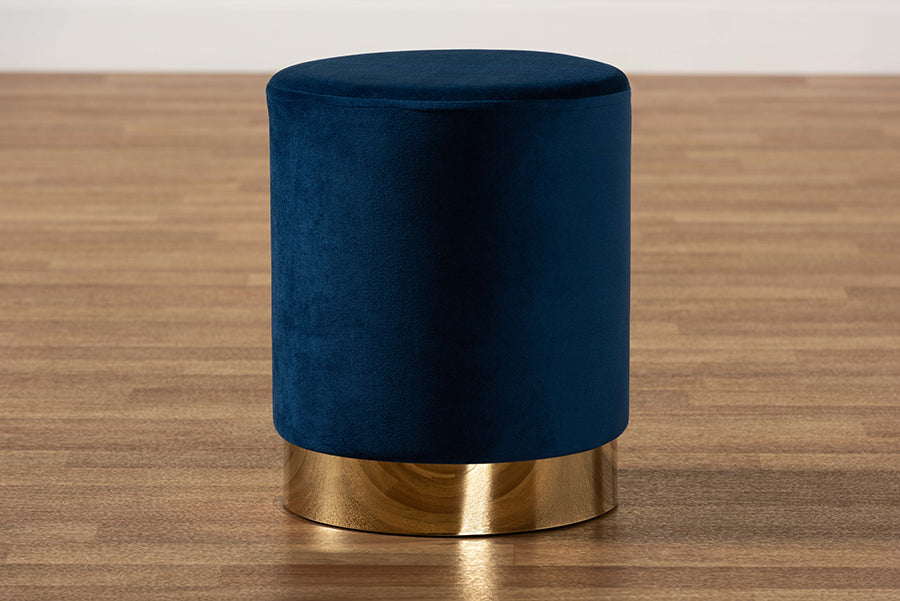 Baxton Studio Chaela Contemporary Glam and Luxe Navy Blue Velvet Fabric Upholstered and Gold Finished Metal Ottoman
