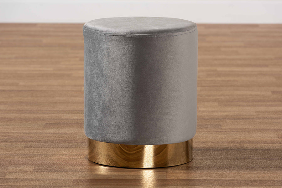 Baxton Studio Chaela Contemporary Glam and Luxe Grey Velvet Fabric Upholstered and Gold Finished Metal Ottoman