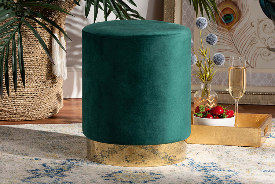 Baxton Studio Chaela Contemporary Glam and Luxe Green Velvet Fabric Upholstered and Gold Finished Metal Ottoman