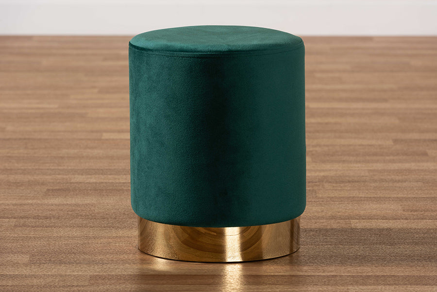 Baxton Studio Chaela Contemporary Glam and Luxe Green Velvet Fabric Upholstered and Gold Finished Metal Ottoman