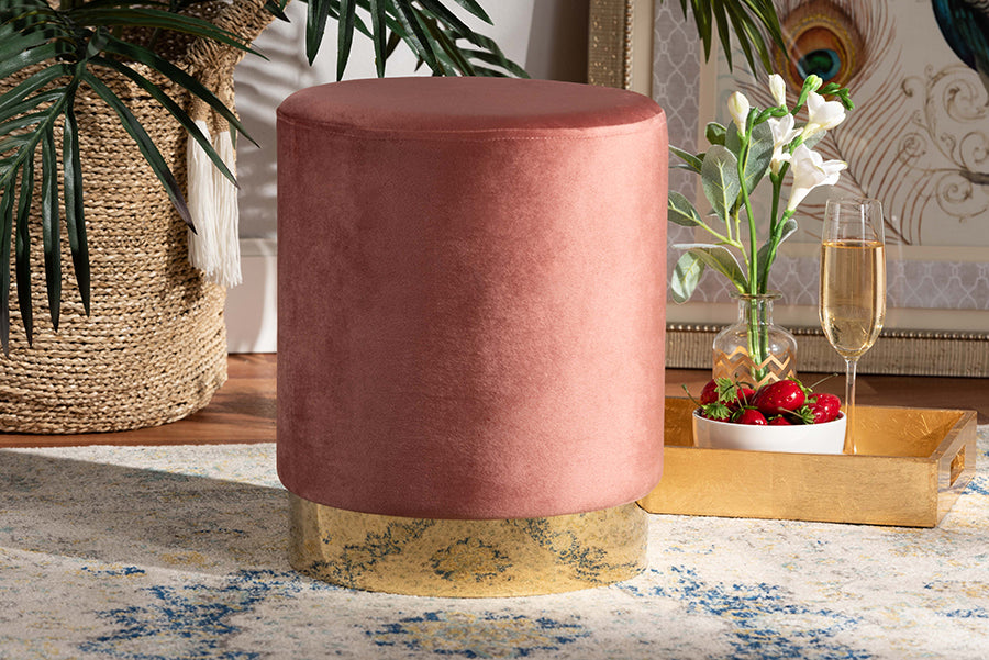 Baxton Studio Chaela Contemporary Glam and Luxe Blush Pink Velvet Fabric Upholstered and Gold Finished Metal Ottoman