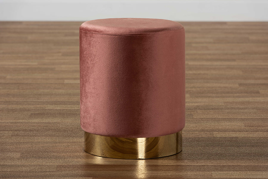 Baxton Studio Chaela Contemporary Glam and Luxe Blush Pink Velvet Fabric Upholstered and Gold Finished Metal Ottoman