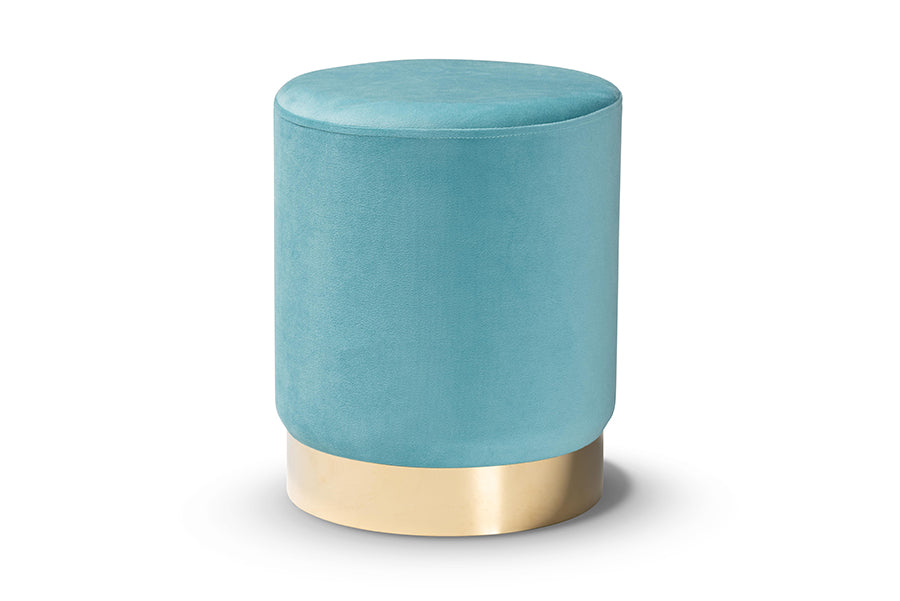 Baxton Studio Chaela Contemporary Glam and Luxe Sky Blue Velvet Fabric Upholstered and Gold Finished Metal Ottoman