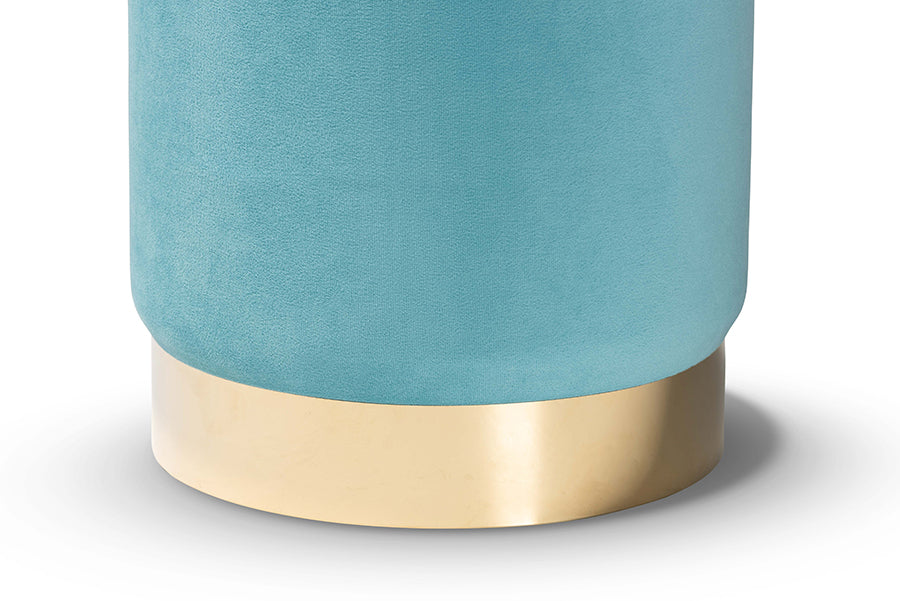 Baxton Studio Chaela Contemporary Glam and Luxe Sky Blue Velvet Fabric Upholstered and Gold Finished Metal Ottoman
