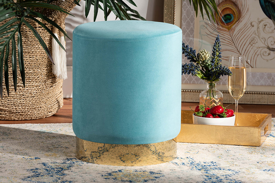 Baxton Studio Chaela Contemporary Glam and Luxe Sky Blue Velvet Fabric Upholstered and Gold Finished Metal Ottoman