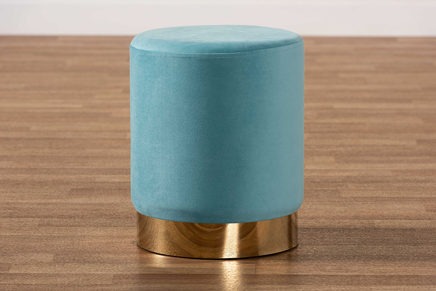 Baxton Studio Chaela Contemporary Glam and Luxe Sky Blue Velvet Fabric Upholstered and Gold Finished Metal Ottoman