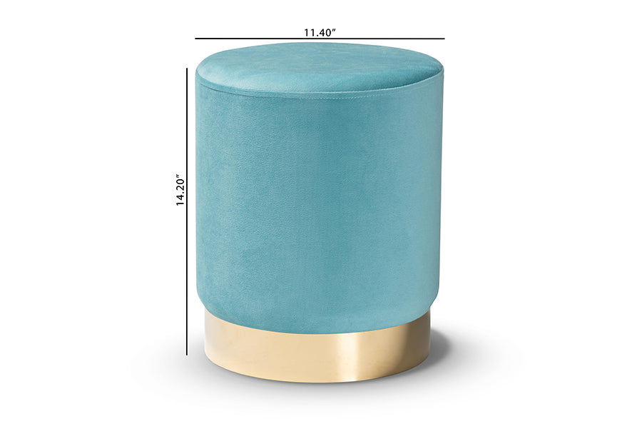 Baxton Studio Chaela Contemporary Glam and Luxe Sky Blue Velvet Fabric Upholstered and Gold Finished Metal Ottoman