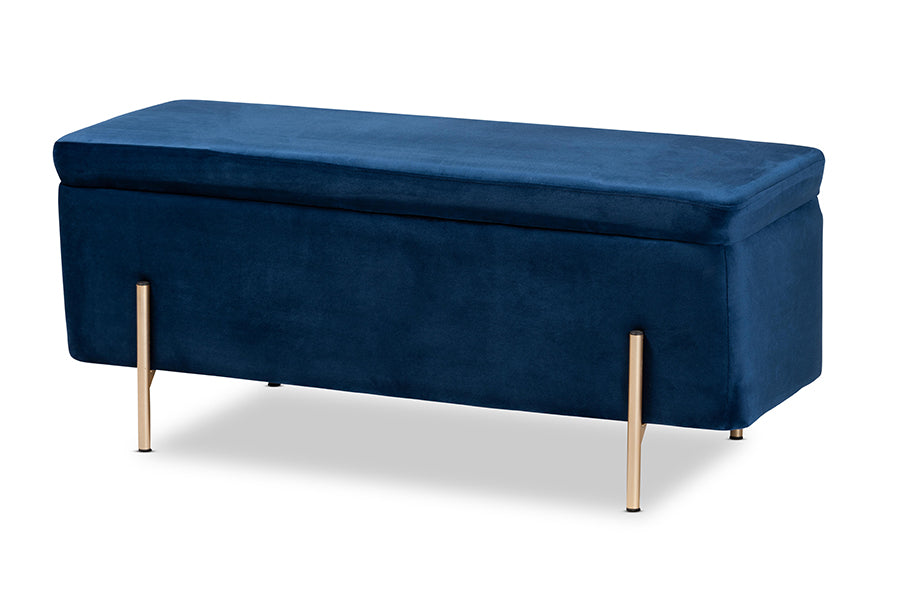 Baxton Studio Rockwell Contemporary Glam and Luxe Navy Blue Velvet Fabric Upholstered and Gold Finished Metal Storage Bench