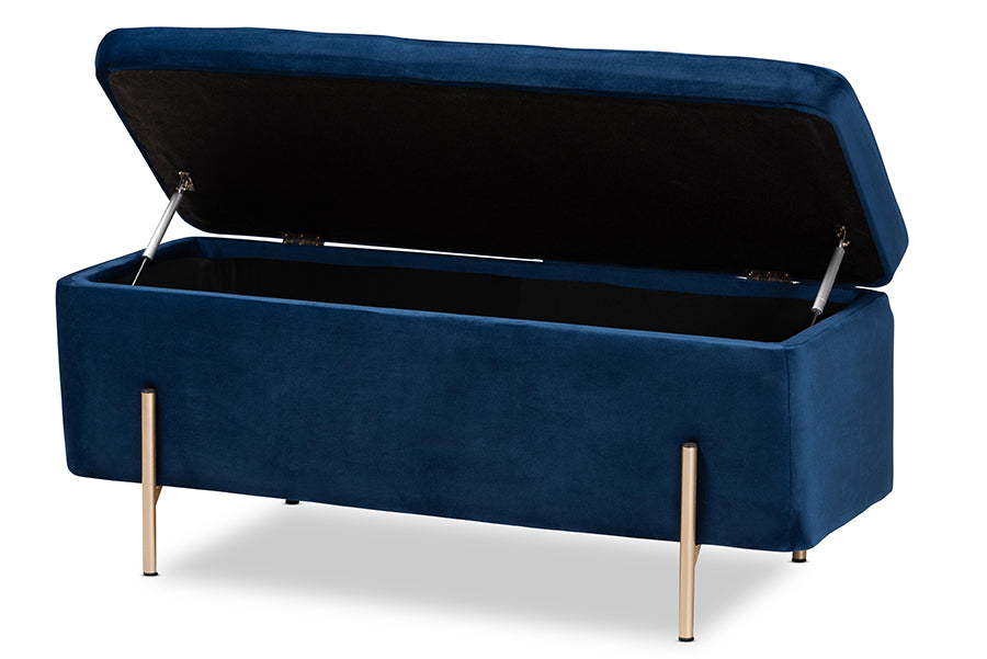 Baxton Studio Rockwell Contemporary Glam and Luxe Navy Blue Velvet Fabric Upholstered and Gold Finished Metal Storage Bench