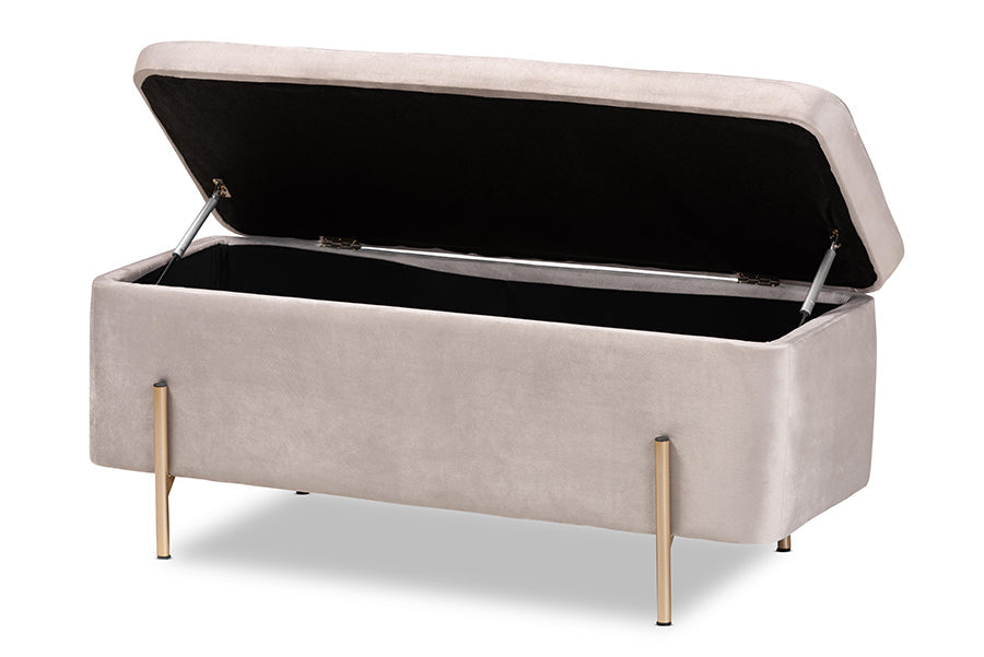 Baxton Studio Rockwell Contemporary Glam and Luxe Grey Velvet Fabric Upholstered and Gold Finished Metal Storage Bench