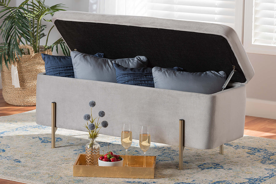 Baxton Studio Rockwell Contemporary Glam and Luxe Grey Velvet Fabric Upholstered and Gold Finished Metal Storage Bench