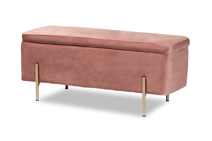 Baxton Studio Rockwell Contemporary Glam and Luxe Blush Pink Velvet Fabric Upholstered and Gold Finished Metal Storage Bench