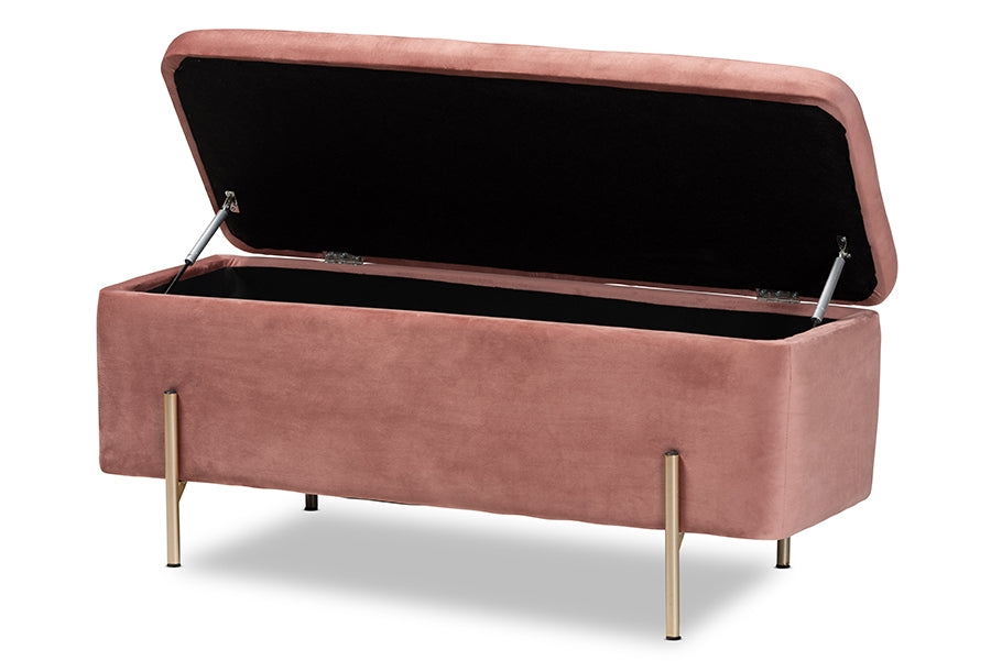 Baxton Studio Rockwell Contemporary Glam and Luxe Blush Pink Velvet Fabric Upholstered and Gold Finished Metal Storage Bench
