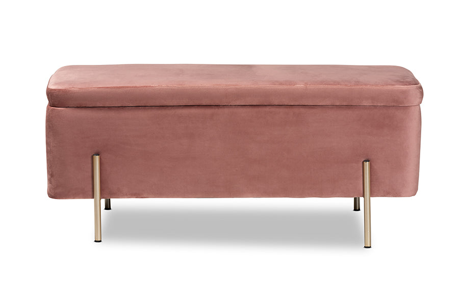 Baxton Studio Rockwell Contemporary Glam and Luxe Blush Pink Velvet Fabric Upholstered and Gold Finished Metal Storage Bench