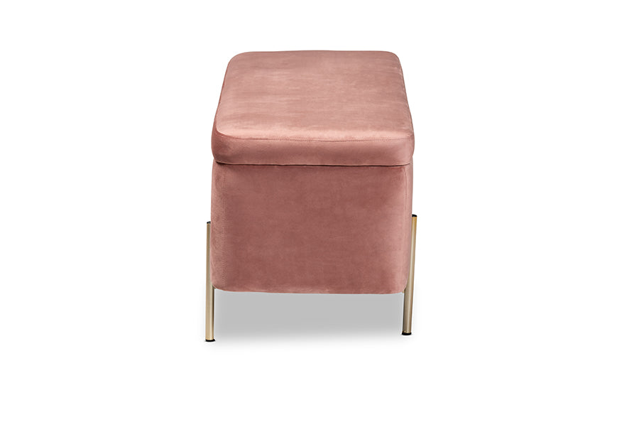 Baxton Studio Rockwell Contemporary Glam and Luxe Blush Pink Velvet Fabric Upholstered and Gold Finished Metal Storage Bench