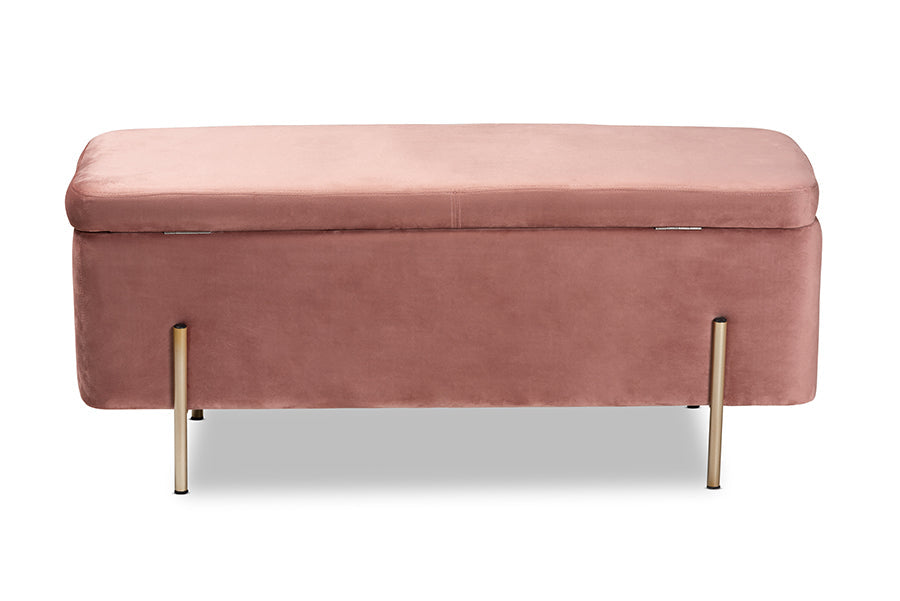 Baxton Studio Rockwell Contemporary Glam and Luxe Blush Pink Velvet Fabric Upholstered and Gold Finished Metal Storage Bench