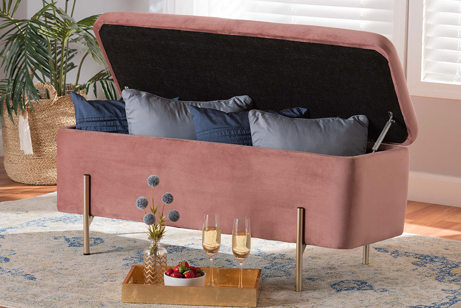 Baxton Studio Rockwell Contemporary Glam and Luxe Blush Pink Velvet Fabric Upholstered and Gold Finished Metal Storage Bench