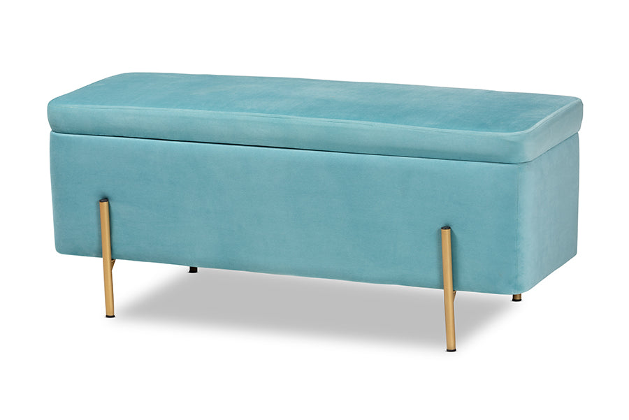 Baxton Studio Rockwell Contemporary Glam and Luxe Sky Blue Velvet Fabric Upholstered and Gold Finished Metal Storage Bench