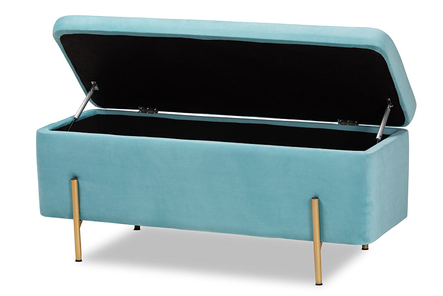 Baxton Studio Rockwell Contemporary Glam and Luxe Sky Blue Velvet Fabric Upholstered and Gold Finished Metal Storage Bench