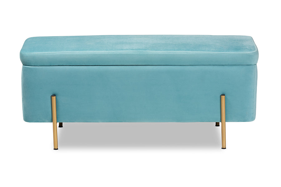 Baxton Studio Rockwell Contemporary Glam and Luxe Sky Blue Velvet Fabric Upholstered and Gold Finished Metal Storage Bench