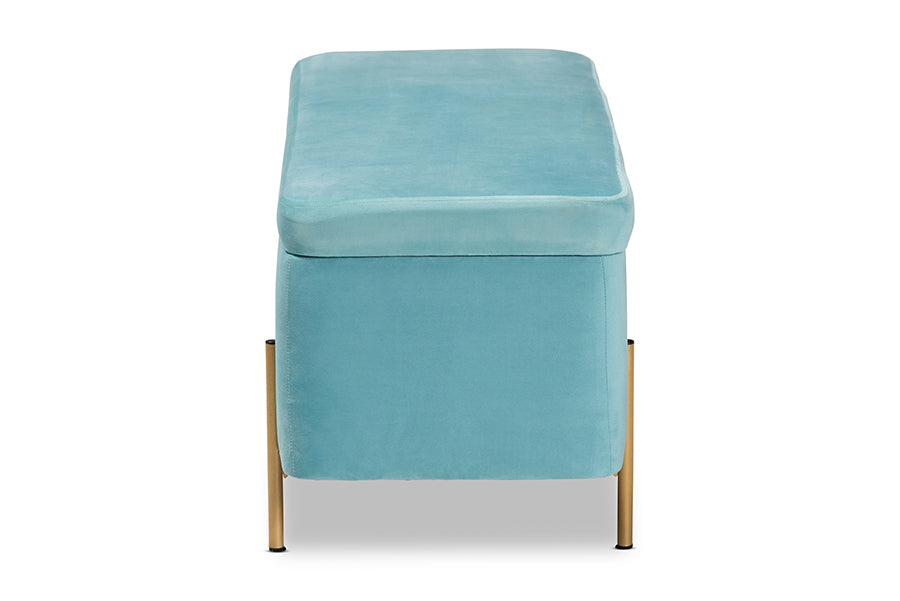Baxton Studio Rockwell Contemporary Glam and Luxe Sky Blue Velvet Fabric Upholstered and Gold Finished Metal Storage Bench