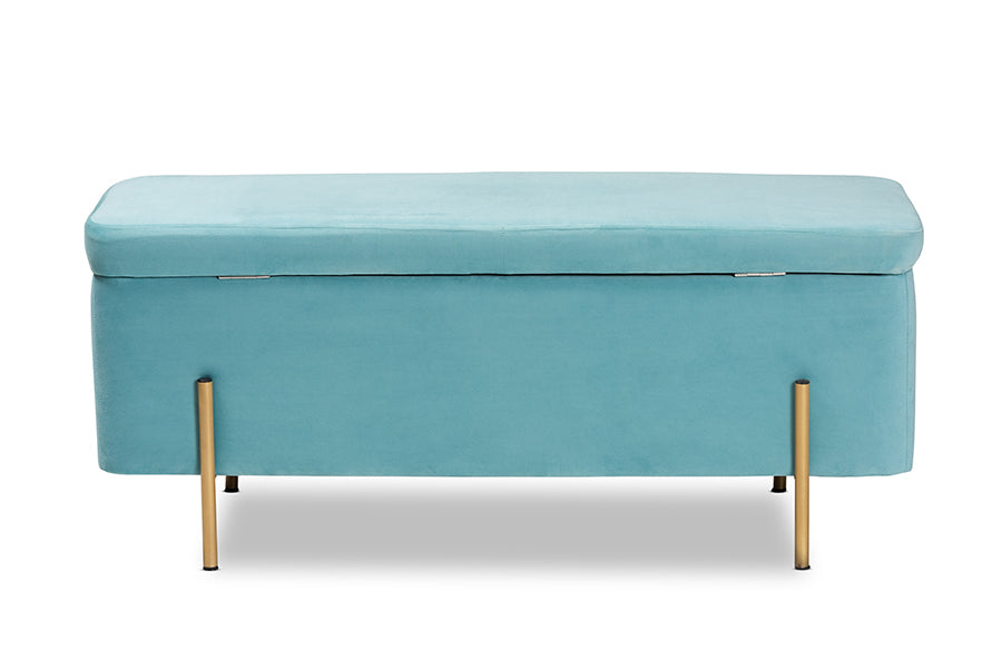 Baxton Studio Rockwell Contemporary Glam and Luxe Sky Blue Velvet Fabric Upholstered and Gold Finished Metal Storage Bench