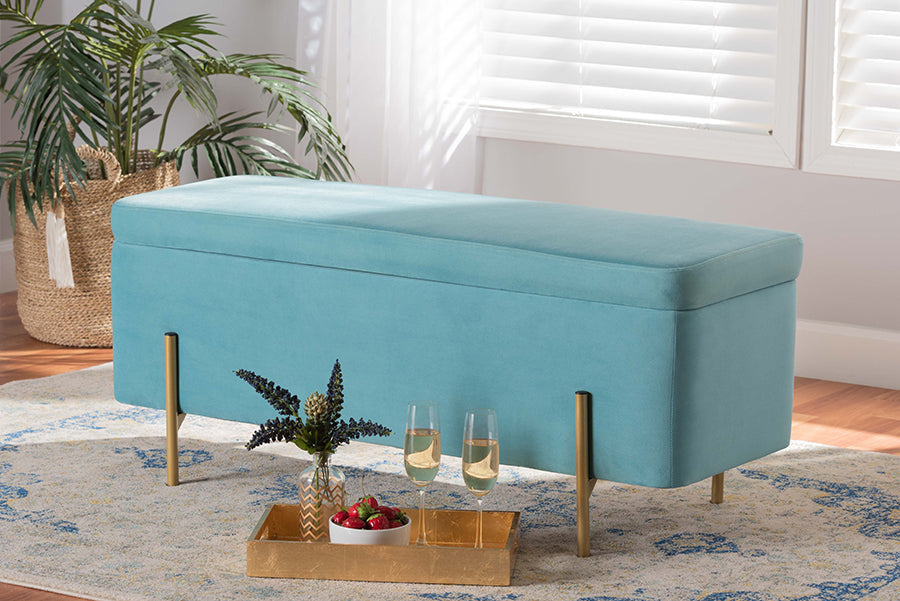 Baxton Studio Rockwell Contemporary Glam and Luxe Sky Blue Velvet Fabric Upholstered and Gold Finished Metal Storage Bench