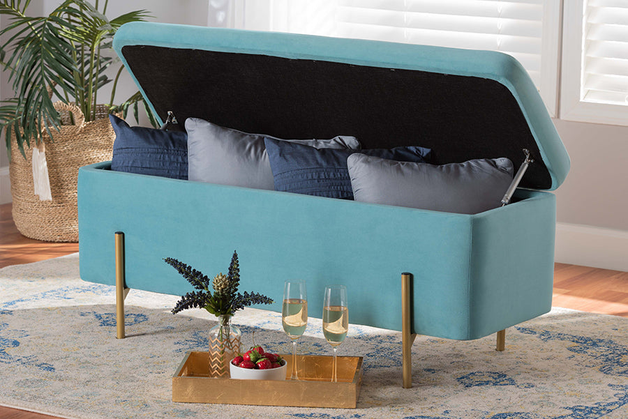Baxton Studio Rockwell Contemporary Glam and Luxe Sky Blue Velvet Fabric Upholstered and Gold Finished Metal Storage Bench