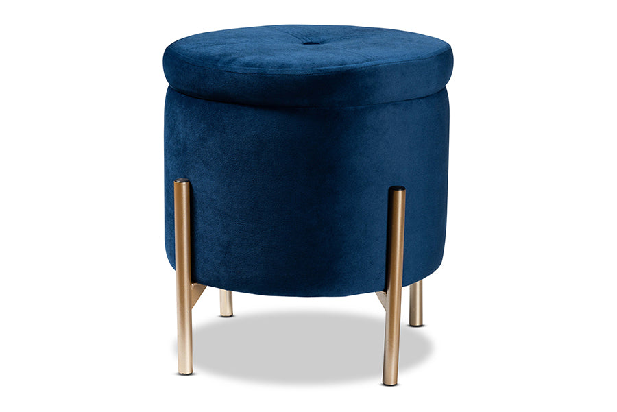 Baxton Studio Malina Contemporary Glam and Luxe Navy Blue Velvet Fabric Upholstered and Gold Finished Metal Storage Ottoman