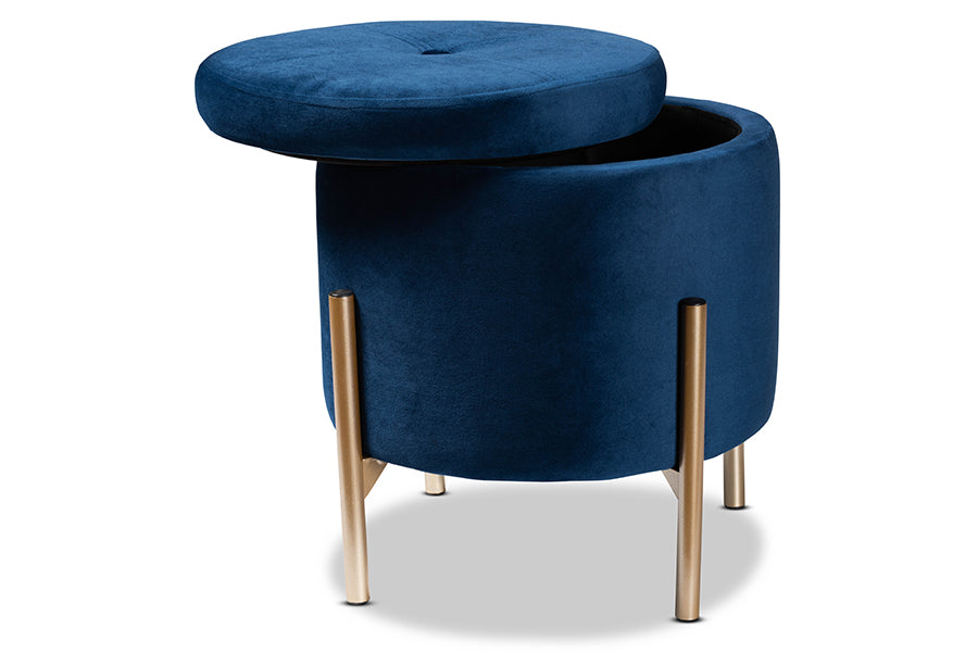 Baxton Studio Malina Contemporary Glam and Luxe Navy Blue Velvet Fabric Upholstered and Gold Finished Metal Storage Ottoman