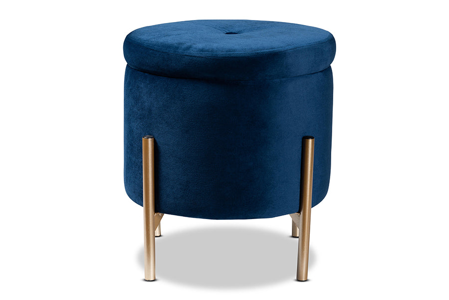 Baxton Studio Malina Contemporary Glam and Luxe Navy Blue Velvet Fabric Upholstered and Gold Finished Metal Storage Ottoman