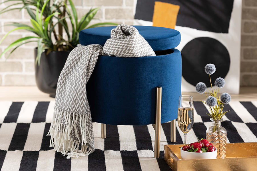 Baxton Studio Malina Contemporary Glam and Luxe Navy Blue Velvet Fabric Upholstered and Gold Finished Metal Storage Ottoman