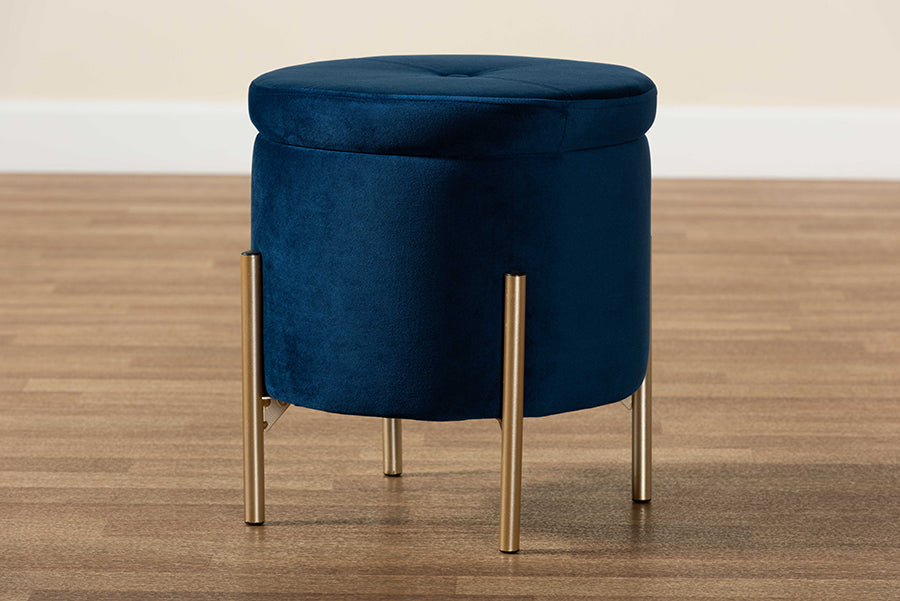 Baxton Studio Malina Contemporary Glam and Luxe Navy Blue Velvet Fabric Upholstered and Gold Finished Metal Storage Ottoman