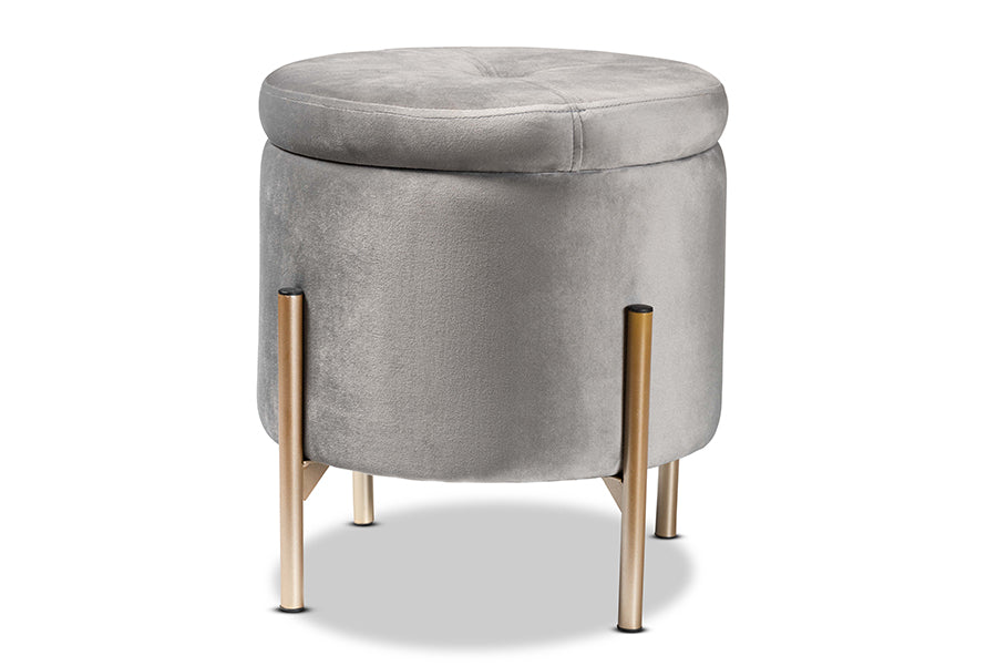 Baxton Studio Malina Contemporary Glam and Luxe Grey Velvet Fabric Upholstered and Gold Finished Metal Storage Ottoman