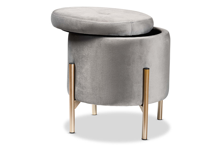 Baxton Studio Malina Contemporary Glam and Luxe Grey Velvet Fabric Upholstered and Gold Finished Metal Storage Ottoman