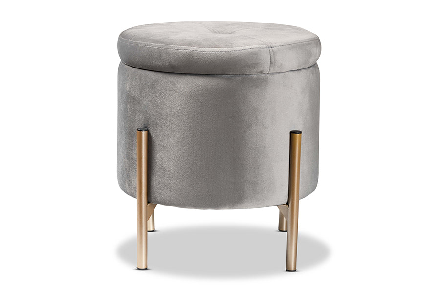 Baxton Studio Malina Contemporary Glam and Luxe Grey Velvet Fabric Upholstered and Gold Finished Metal Storage Ottoman