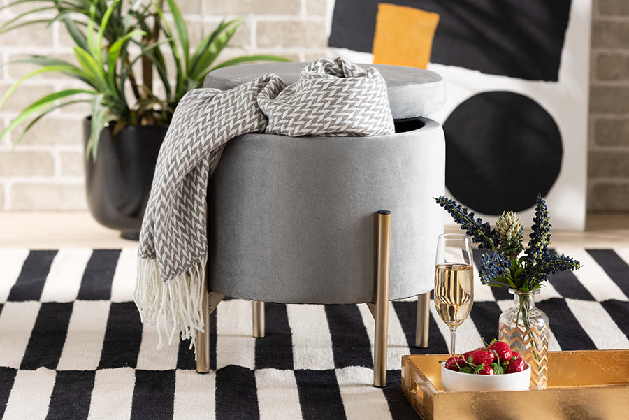 Baxton Studio Malina Contemporary Glam and Luxe Grey Velvet Fabric Upholstered and Gold Finished Metal Storage Ottoman
