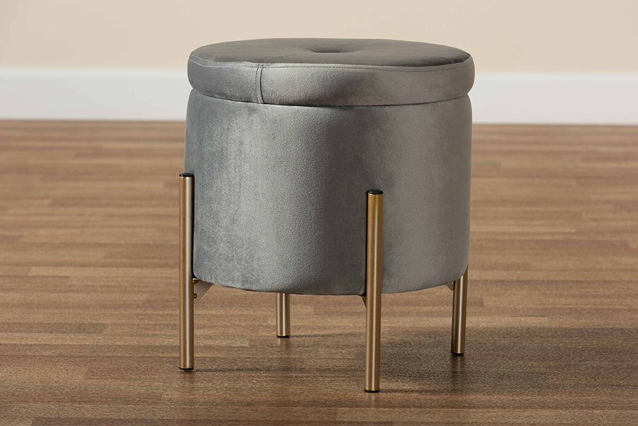 Baxton Studio Malina Contemporary Glam and Luxe Grey Velvet Fabric Upholstered and Gold Finished Metal Storage Ottoman