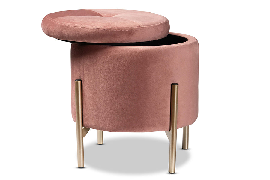 Baxton Studio Malina Contemporary Glam and Luxe Pink Velvet Fabric Upholstered and Gold Finished Metal Storage Ottoman