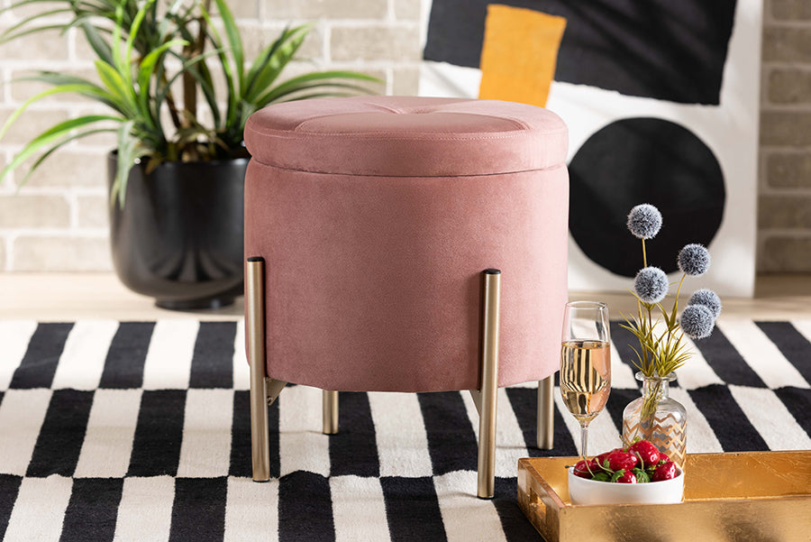 Baxton Studio Malina Contemporary Glam and Luxe Pink Velvet Fabric Upholstered and Gold Finished Metal Storage Ottoman