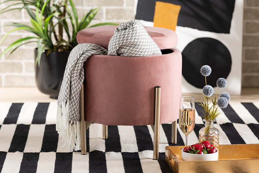 Baxton Studio Malina Contemporary Glam and Luxe Pink Velvet Fabric Upholstered and Gold Finished Metal Storage Ottoman