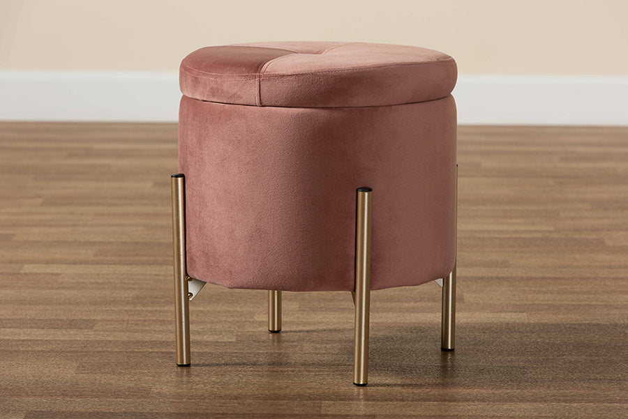 Baxton Studio Malina Contemporary Glam and Luxe Pink Velvet Fabric Upholstered and Gold Finished Metal Storage Ottoman